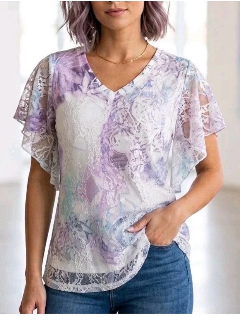 Vtg Y2K Brittany Black Fairy Floral Lace Flutter Sleeve Top L Made USA Cottage